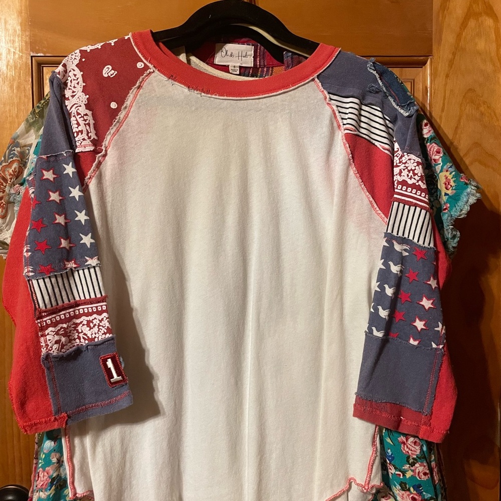 We The Free Patchwork Raglan Tee - Red, Blue, White